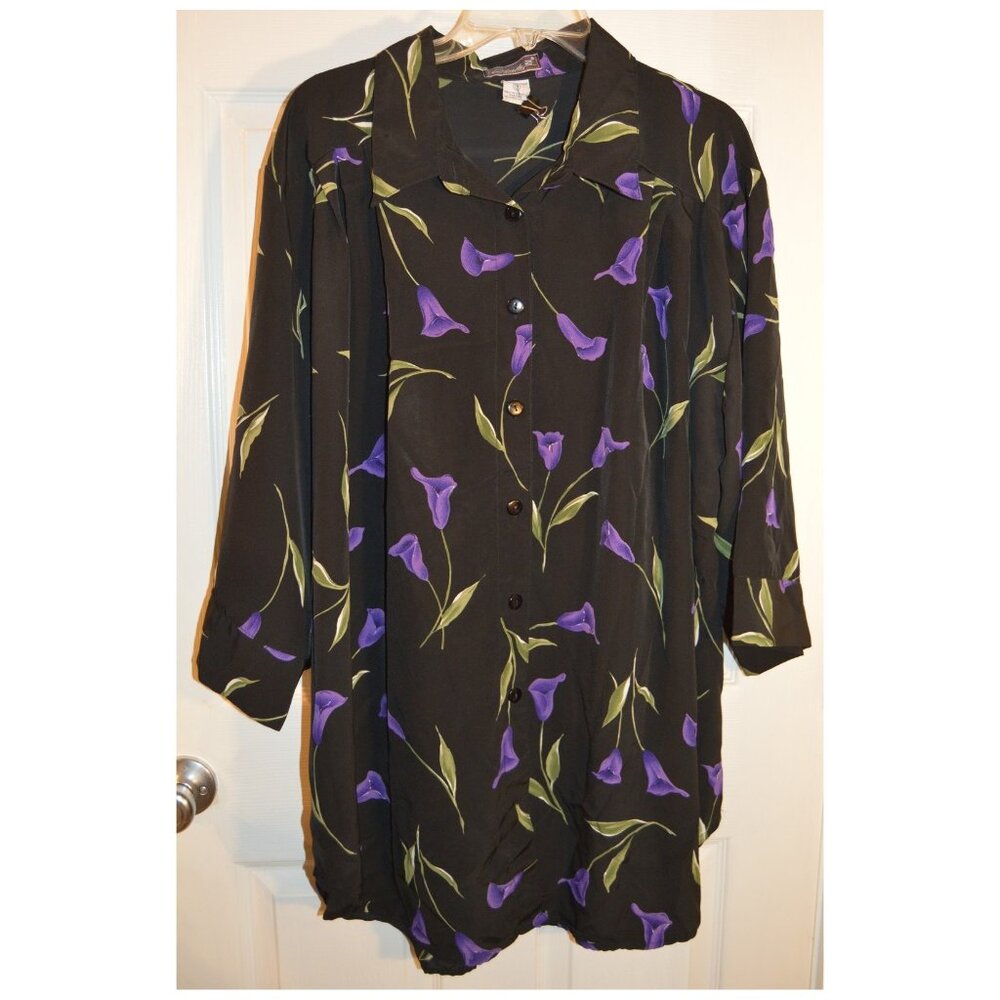 CLUB Z Collection Flowered Black Tunic Long Blouse Women's Top Long Sleeve Sz 2X